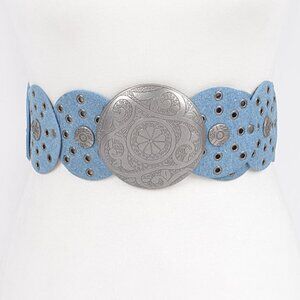BNWT Rivet Light Denim Disk Statement Western Round Buckle Belt Wide Belt